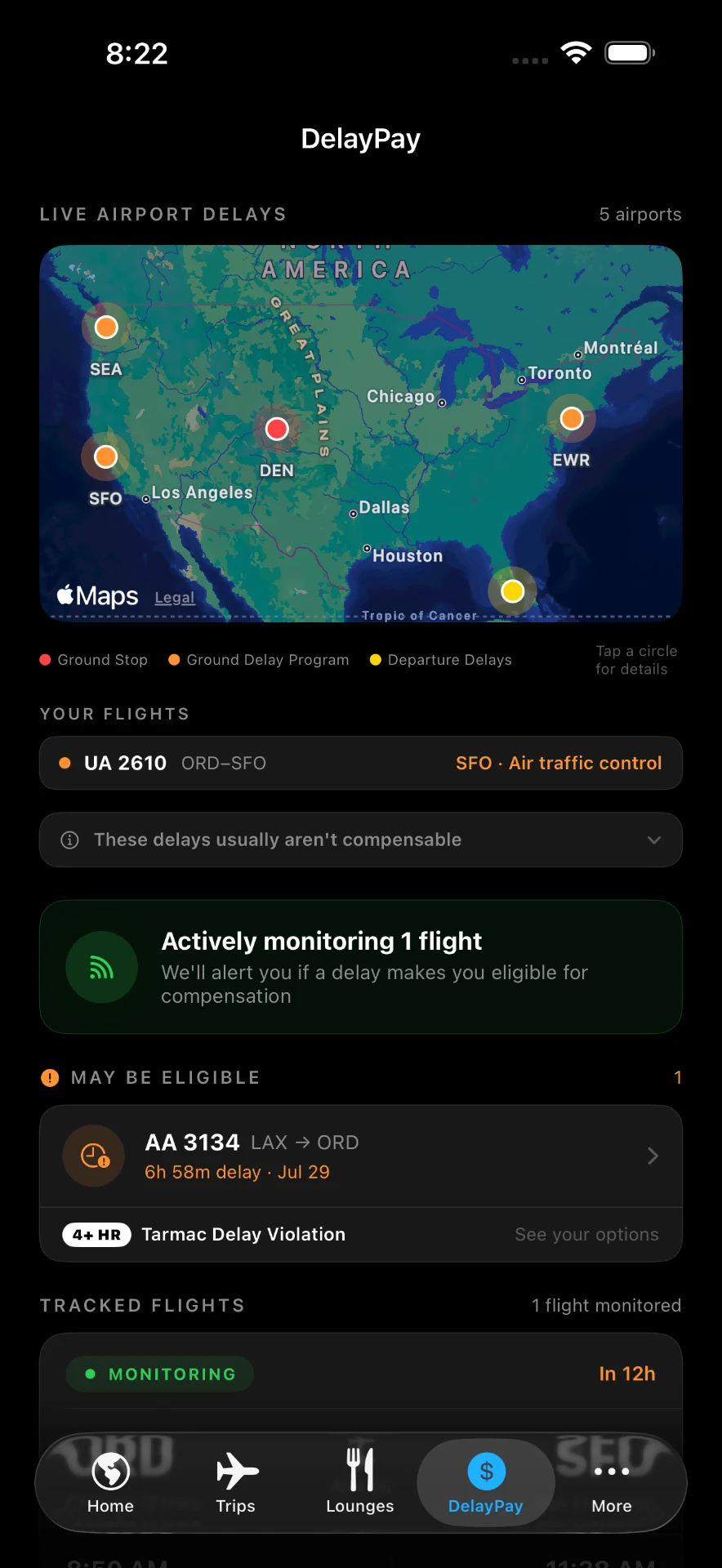 DelayPay screen with live airport delays and compensation eligibility